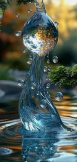 Artistic water droplet against lush greenery background.