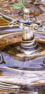 Artistic water droplet with leaf design on serene brown background.