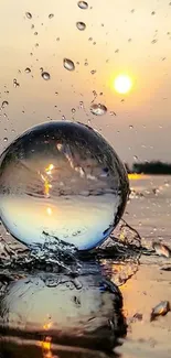 Sunset reflecting in a water globe with a serene, artistic splash effect.