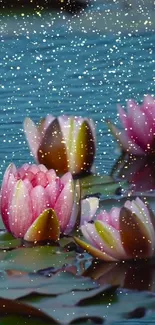 Serene water lilies wallpaper with pink blooms on a teal pond.