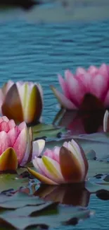 Pink water lilies on a serene blue water surface, creating a tranquil wallpaper.