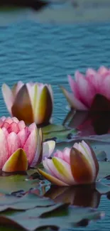 Serene water lilies floating on a tranquil pond with pink hues.