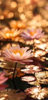 Serene water lilies with golden reflections.