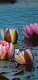 Serene pink water lilies on a blue-green pond.