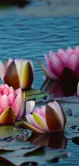 Beautiful pink water lilies floating on a serene blue pond.