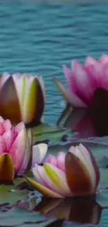 Vibrant pink water lilies on a tranquil teal pond.