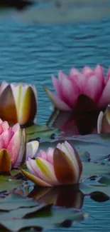 Pink water lilies floating on a calm pond surface.