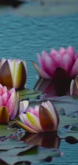 Water lilies floating on a serene pond with teal blue water and pink blossoms.