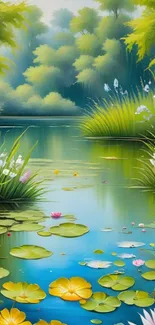 Serene pond with water lilies and lush greenery.