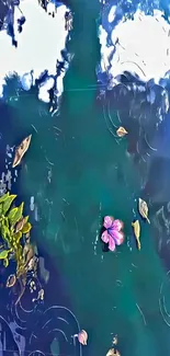 Serene teal water scene with lilies and leaves.