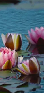 Pink water lilies on a tranquil blue pond.