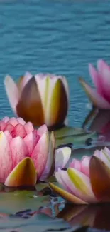 Mobile wallpaper of pink water lilies on a serene blue pond.