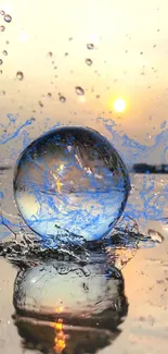 Reflective water sphere at sunset with splashes.