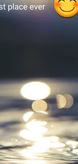 Serene bokeh light on water with cheerful emoji.