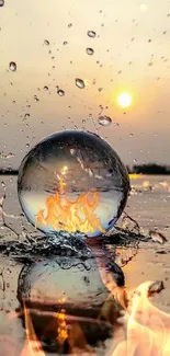 Spherical water splash at sunset with fire reflection.