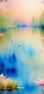 Serene watercolor lake with pink blossoms and greenery.