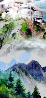 Watercolor mountain scene with cabin and lush greenery.