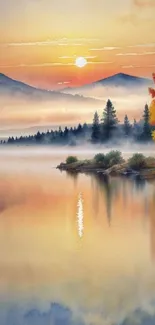 Serene watercolor sunset landscape with misty lake and autumn trees.