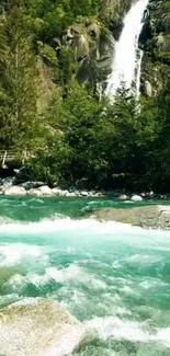 Waterfall and turquoise river in lush forest setting.