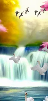 Serene waterfall with flying swans and vibrant colors.