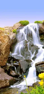 Scenic waterfall with wildflowers in vibrant landscape.