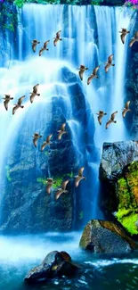 Serene waterfall with flying birds and green mossy rocks.