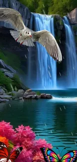 Waterfall scene with birds and flowers