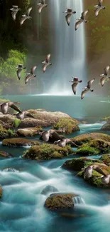 Waterfall with birds flying in lush green forest scene.