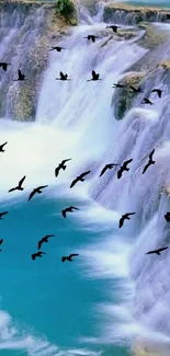 Waterfall with birds flying over turquoise water.