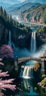 Serene waterfall with bridge and cherry blossoms.