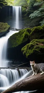 Serene forest waterfall with cat on moss-covered log.