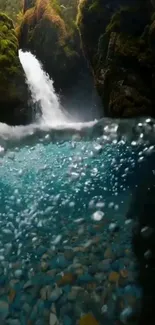 Stunning waterfall cascades into a crystal-clear turquoise stream.