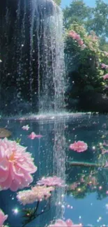 Waterfall with pink flowers and serene landscape.