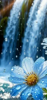 Serene waterfall with blue flowers in foreground.