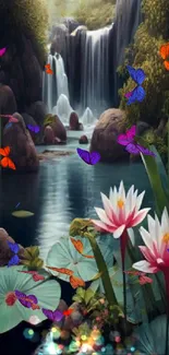 Serene waterfall with pink lilies and lush greenery background.