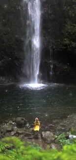 Serene waterfall in lush green forest wallpaper