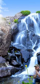 Calm waterfall with blue sky and floral foreground in nature wallpaper.