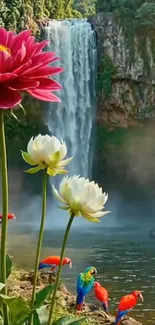 Serene waterfall with vibrant parrots and flowers.