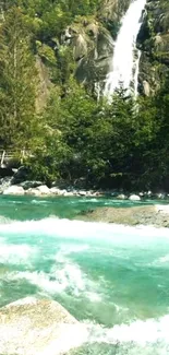 Serene waterfall with turquoise river and lush forest.