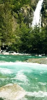 Serene waterfall and turquoise river in a lush forest landscape wallpaper.