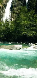 Serene waterfall and river in lush forest landscape.