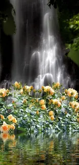 Waterfall with blooming roses reflected in a serene landscape.