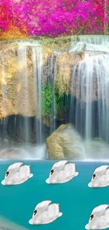 Mobile wallpaper of swans on a turquoise waterfall scene.