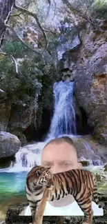 Waterfall scene with tiger in foreground.