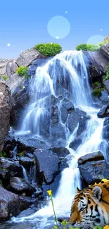 Waterfall with rocks and tiger in lush greenery wallpaper.