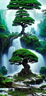 Majestic tree atop cascading waterfalls wallpaper.