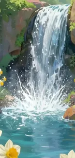 Animated waterfall with flowers and greenery.