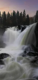 Serene waterfall flowing under a dramatic dusk sky, surrounded by tall trees.