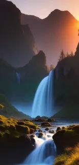 Serene waterfall in mountain landscape at sunset, vibrant mobile wallpaper.