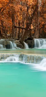 Serene autumn waterfall with turquoise waters and orange leaves.